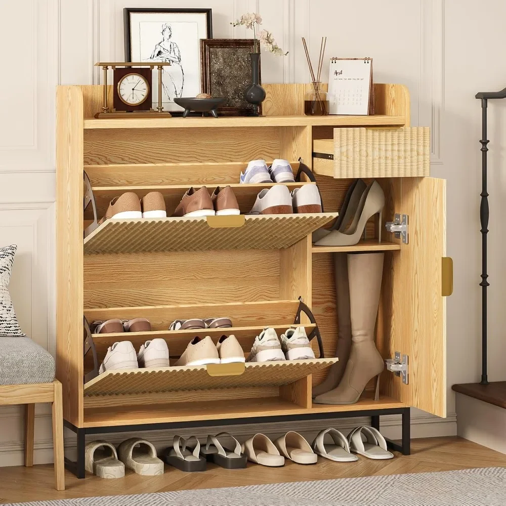 

Shoe cabinet, thin shoe storage cabinet with 2 flip drawers and side cabinets, wooden shoe dressing table
