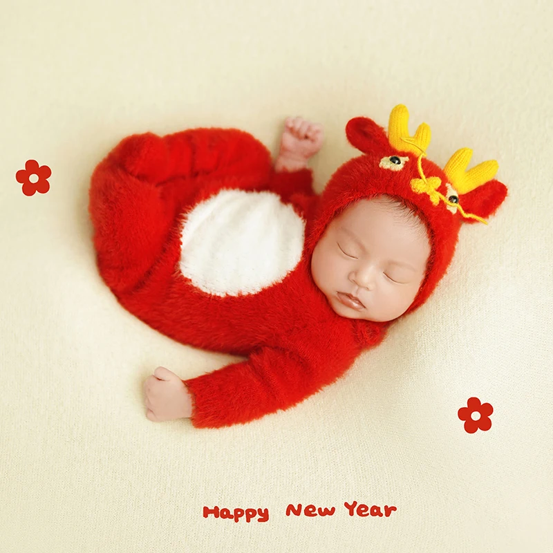 Newborn Shooting Props Dragon Year Red Theme Set Infant Soft Plush Jumpsuit Photography Outfit Studio Shooting Scene Costume