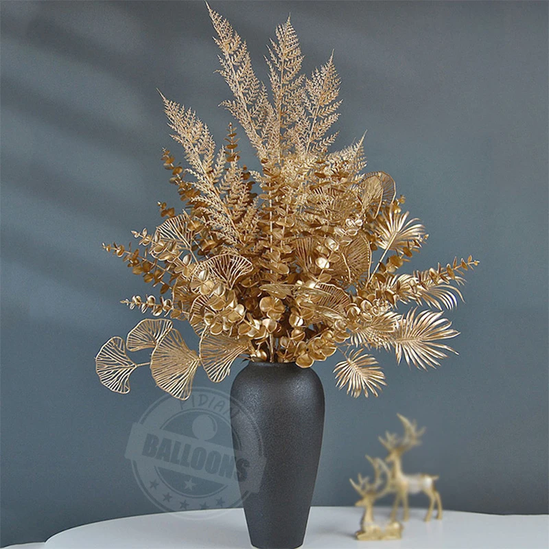 

Golden Imitation Flowers False Flower Bouquet Eucalyptus Ginkgo Leaf Loose Tail Anemone Reed Phalaenopsis Bamboo Leaf Wholesale