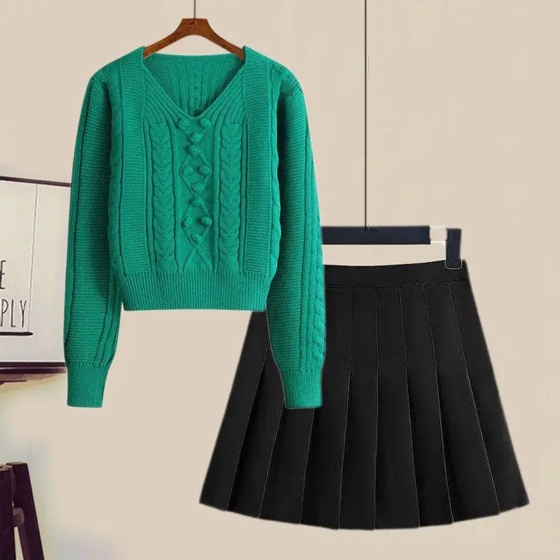 Spring Autumn Outfits Women's 2023 New Korean Fashion Versatile V-Neck Knitted Sweater Pleated Half Skirt Two Piece Set
