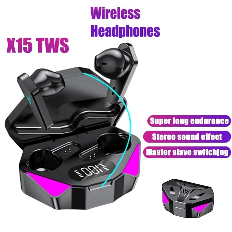 X15 TWS earbud game Bluetooth nirkabel, earphone dengan Mic Bass Audio pemosisian suara 9D Stereo musik HiFi untuk Gamer