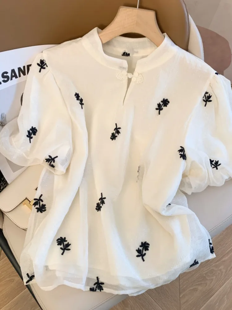 

Новая женская летняя блузка в китайском стиле с вышивкой, из шифона, с коротким рукавом, улучшенная, свободная, милая, молодежная, элегантная