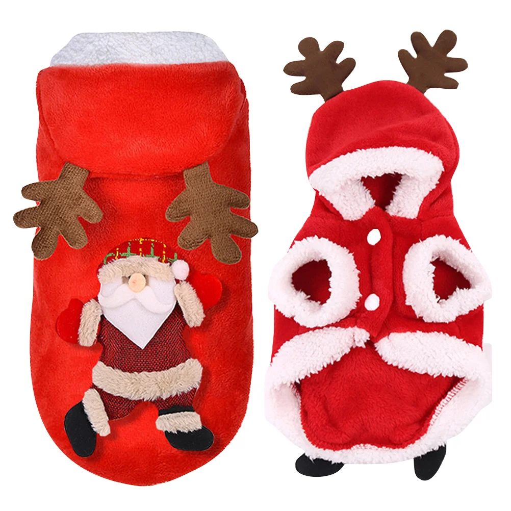 

Christmas Pet Dog Keep Warm Clothes Flannel Elk Pattern Button Closure Autumn Winter Puppy Hooded Coat Comfortable Warm Pet