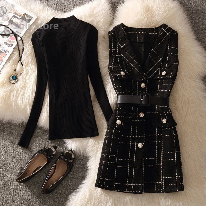 Vintage Mid-Length 75cm Plaid Tweed Vest Jacket Women 2 Piece Set Elegant Pearl Button Belted Unlined Waistcoat And Knit Sweater