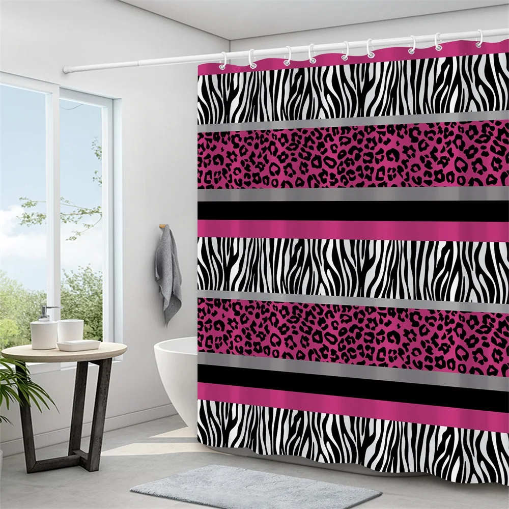 1PC, pink leopard print zebra print sandwich, modern home bathroom waterproof shower curtain with 12 plastic hooks, 71in*71in