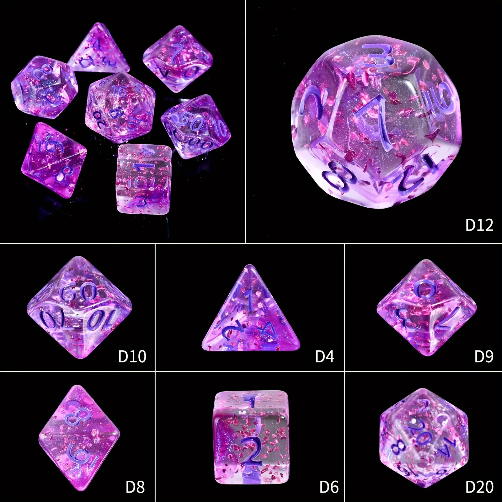 7pcs DND  Mini  Resin  Dice Set,Shiny Sharp Edged Resin Dice Inside,7 Piece Polyhedral Dice Set for Roleplaying,New Year\'s Gift