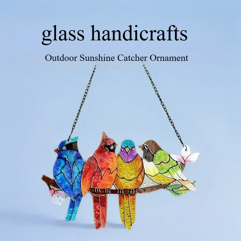 Stained Glass Window Hangings Multi-Color 4-Bird Hanging Decor Double-Sided Hummingbird Window Panel Hanging Decoration