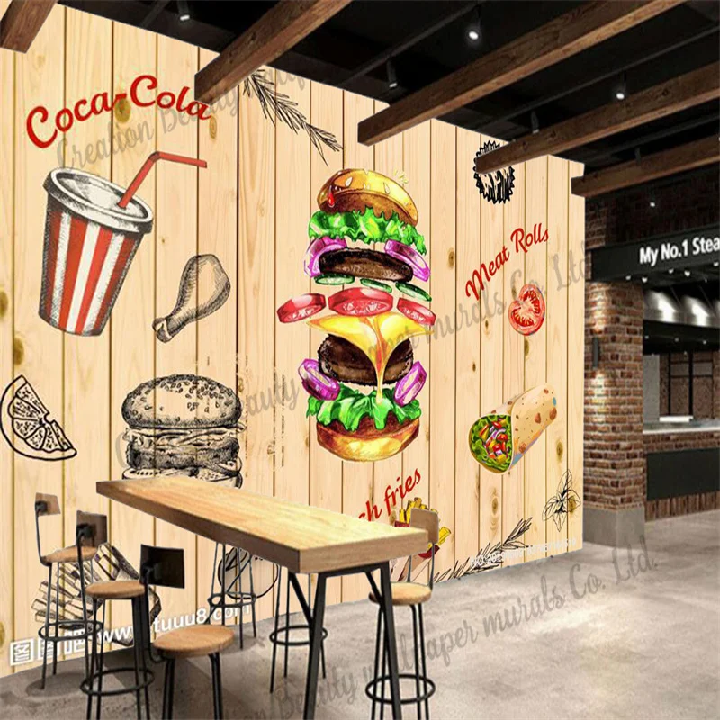 Custom Wood Plate Fast Food Hamburger Wallpaper Mural Industrial Decor Restaurant Snack Bar Background Wall Papel De Parede