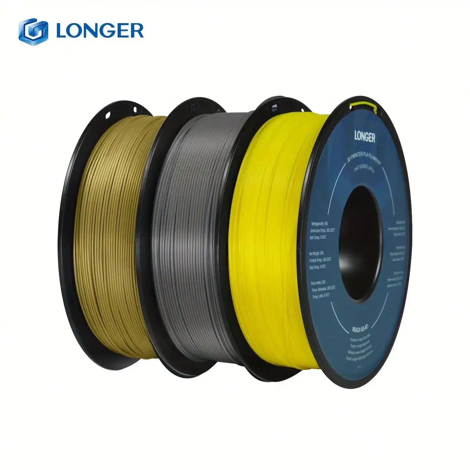 LONGER 3kgs 6.6LB PLA Printing Filament, Diameter 1.75mm (0.069inch), 1kgs of Light Gold, 1kgs of Silver, 1kgs of Yellow