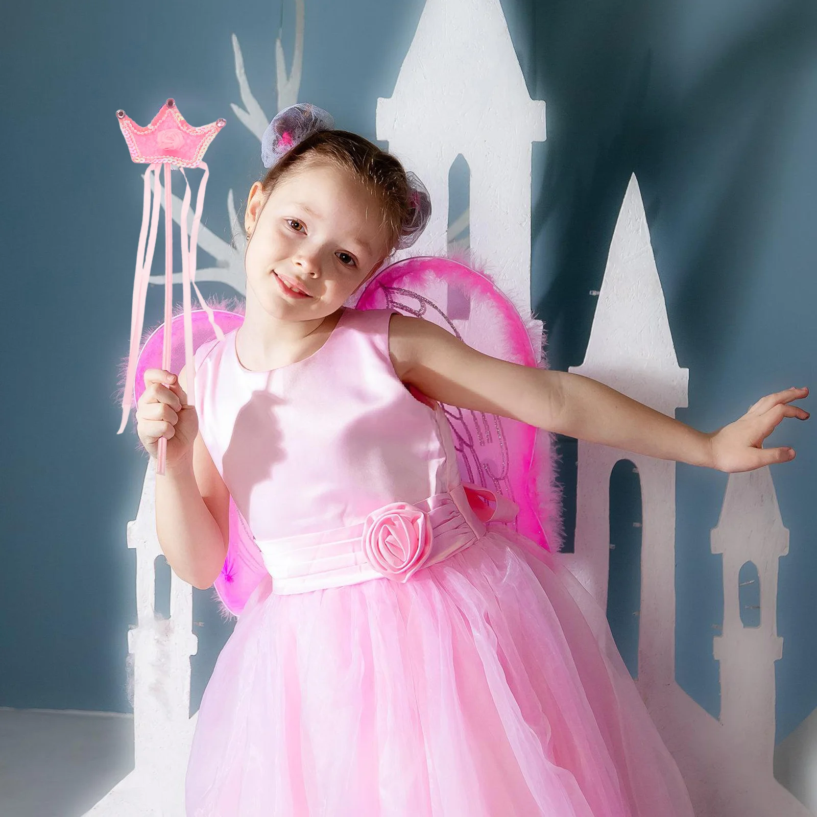 1세트 공주 왕관 머리띠와 마법봉 세트 반짝이 티아라 소녀 생일 파티 의상 액세서리 왕관 머리띠