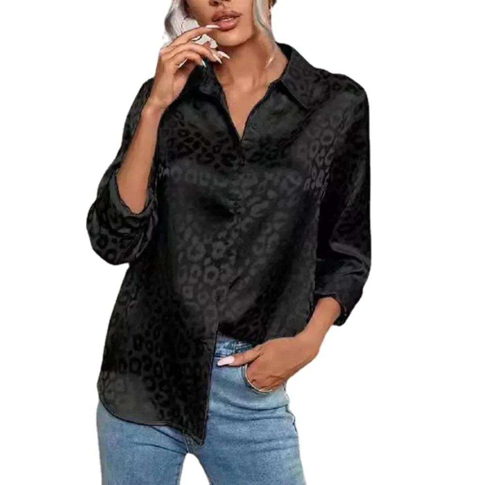 Casual Satin Long Sleeve Blouse Women Elegant Jacquard Blouses Spring Autumn Leopard Print Top Camisas Blusa Shirt Woman Clothes