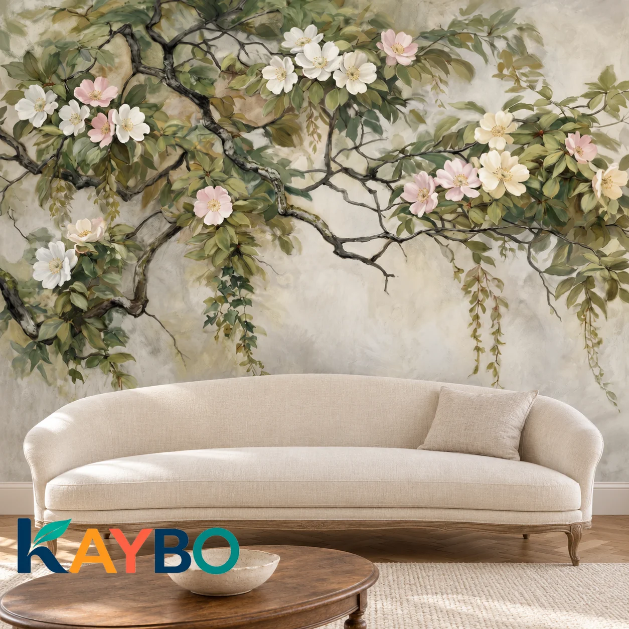 Floral Wallpaper Mural Vintage Botanical Flower Branches Pastel Beige Green Wall Decor for Living Room Bedroom Non Self Adhesive