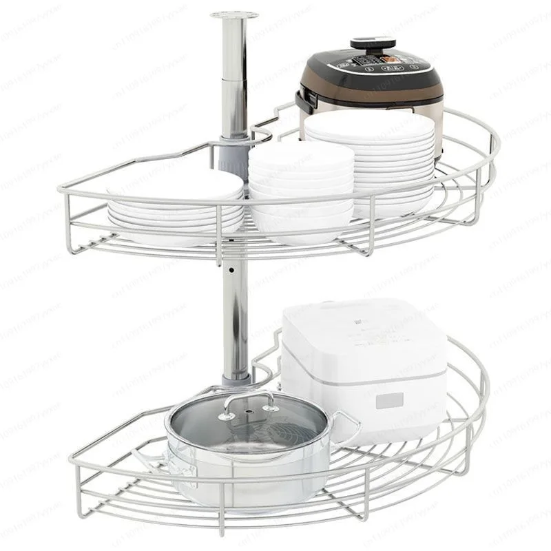 

The arc-shaped pull-out basket in the corner of the cabinet can be rotated 180 degrees for a double-layer storage rack