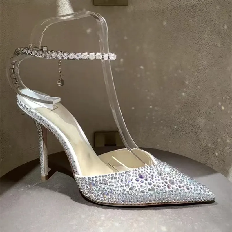 Zapatos de tacón alto de aguja elegantes con correa en el tobillo y lentejuelas con diamantes de imitación de lujo para mujer, zapatos de fiesta de boda de cristal a la moda para primavera y verano