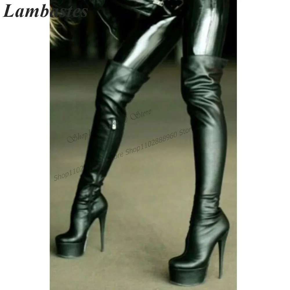 

Thigh High Platform Black Leather Slim Boots Stilettos High Heel Women Shoes Side Zipper Sexy Occidental Style Women Boots