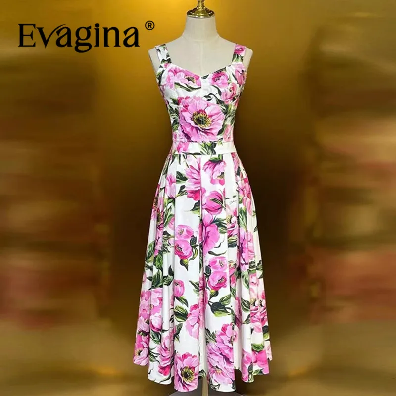 

Evagina Fashion Design New Women's Pure Cotton Flower Party Printed Strap Top Matching High Waist Big Swing Half Skirt Set