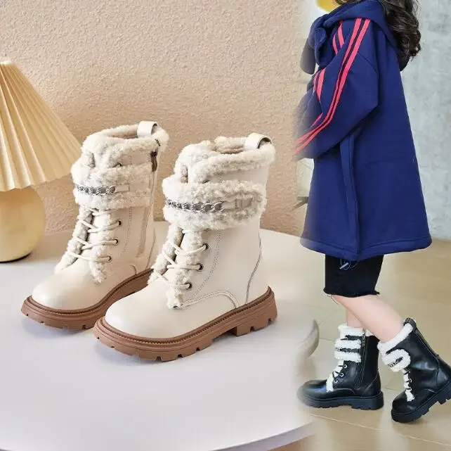 Zapatos de cuero británico para niños y niñas, botas informales cómodas de felpa cálidas de piel para la nieve, zapatos deportivos antideslizantes para invierno