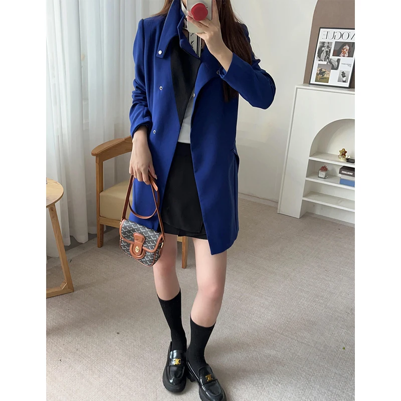 

Повседневное шерстяное пальто женское двубортное с воротником-стойкой и отложным воротником, осенняя ветровка прямого кроя с длинными рукавами, миди, полиэстер...