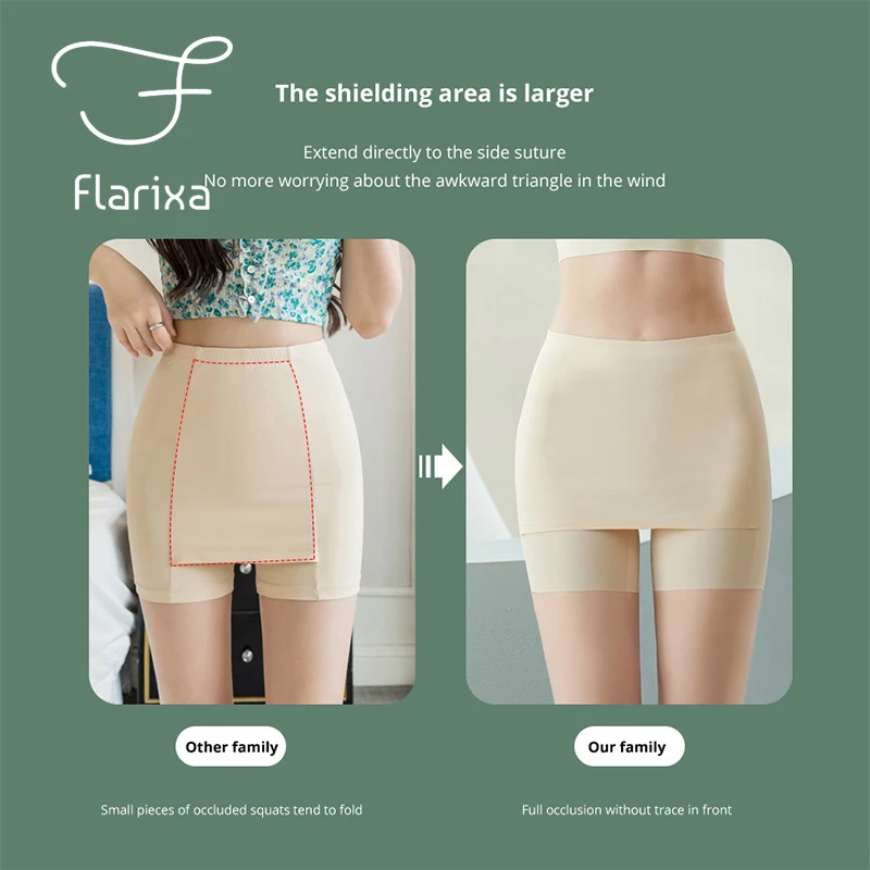 Flarixa High Waist Double Layer Shorts Under Skirt Slim Fit Seamless Safety Pants Summer Boyshorts Women Ice Silk Safety Shorts