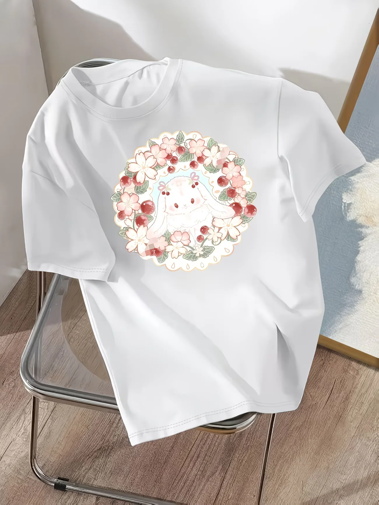 Aesthetic Sakura Bunny Graphic T-Shirt Cute Rabbit & Cherry Blossom Floral Print Summer Fashion Loose Top Gift for Her Black