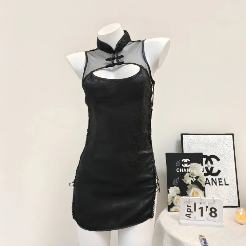 

Antique Cheongsam Dress Chinese Lace up Hollowed Sexy Pajamas Pure Desire Slit Straps Sling Nightdress Summer Women Sleepwear