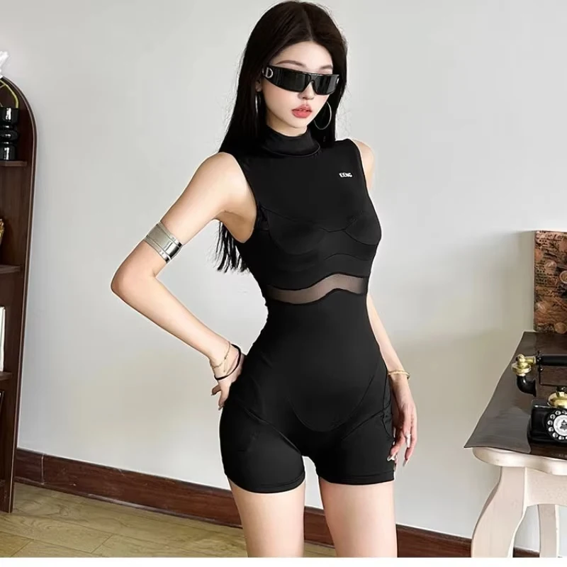 Cold Hearted High Street Motorcycle Hot Girl Tight Fitting Half High Neck Sleeveless Jumpsuit Sexy See Through Jumpsuit Rompers