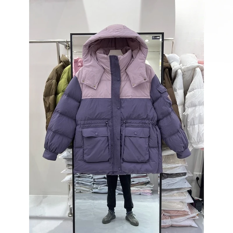 

Fashionable down jacket, Korean contrasting hooded mid length, white duck down warm jacket, women's new 2024