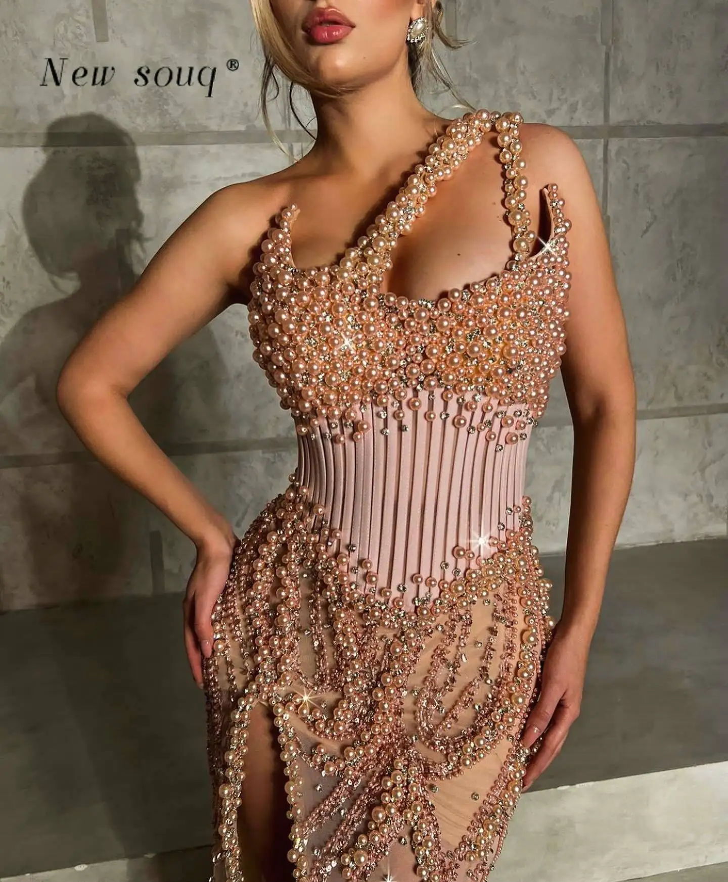 Light Pink One Shoulder Pearls Beaded Corset Evening Dresses Sexy Thigh-High Side Slit Sleeveless Long Prom Party Gowns