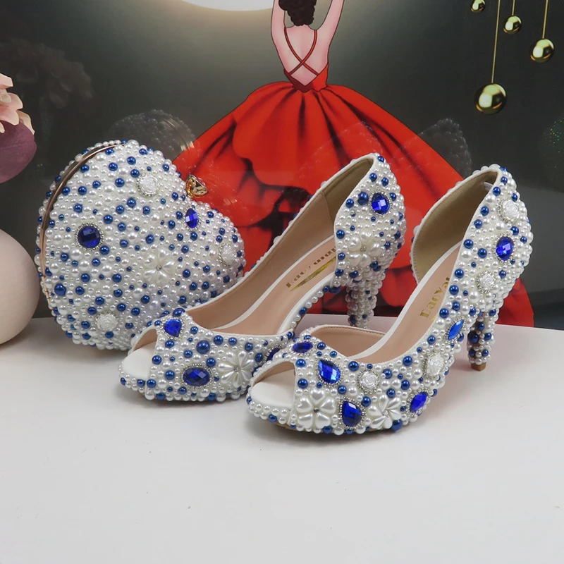 Fashion White Blue pearl wedding shoes paired with handbag bride\'s high heels fashionable shoes and handbag set fish mouth shoe