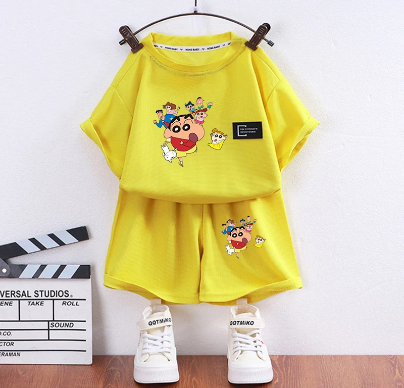 

Crayon Shin-chan Waffle Short-sleeved Shorts Set Child T Shirt Girl Boy Summer Tops and Bottoms Anime Cartoon Clothes Suit Tees