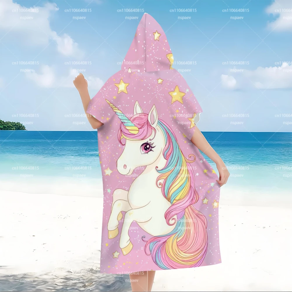 Cute Pink Unicorn Star Hooded Bath Robe with Snap Buttons for Women & Kids, Soft Absorbent Wearable Bath Towel for Shower Spa view 5