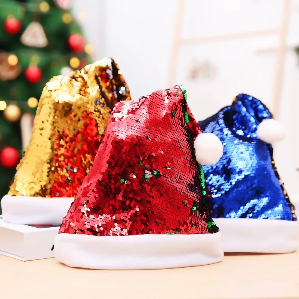 Happy New Year Sequined Santa Hat Comfortable Soft Versatile Color-changing Caps Color-changing Christmas Hat Women