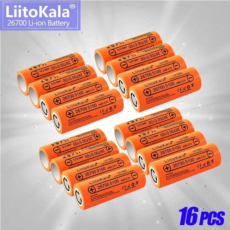 

16PCS LiitoKala Lii-52S 3.7V 26700 Lithium battery 5200mah High Power 5c 25a Max 8c 40A Discharge for electric bicycle batteries