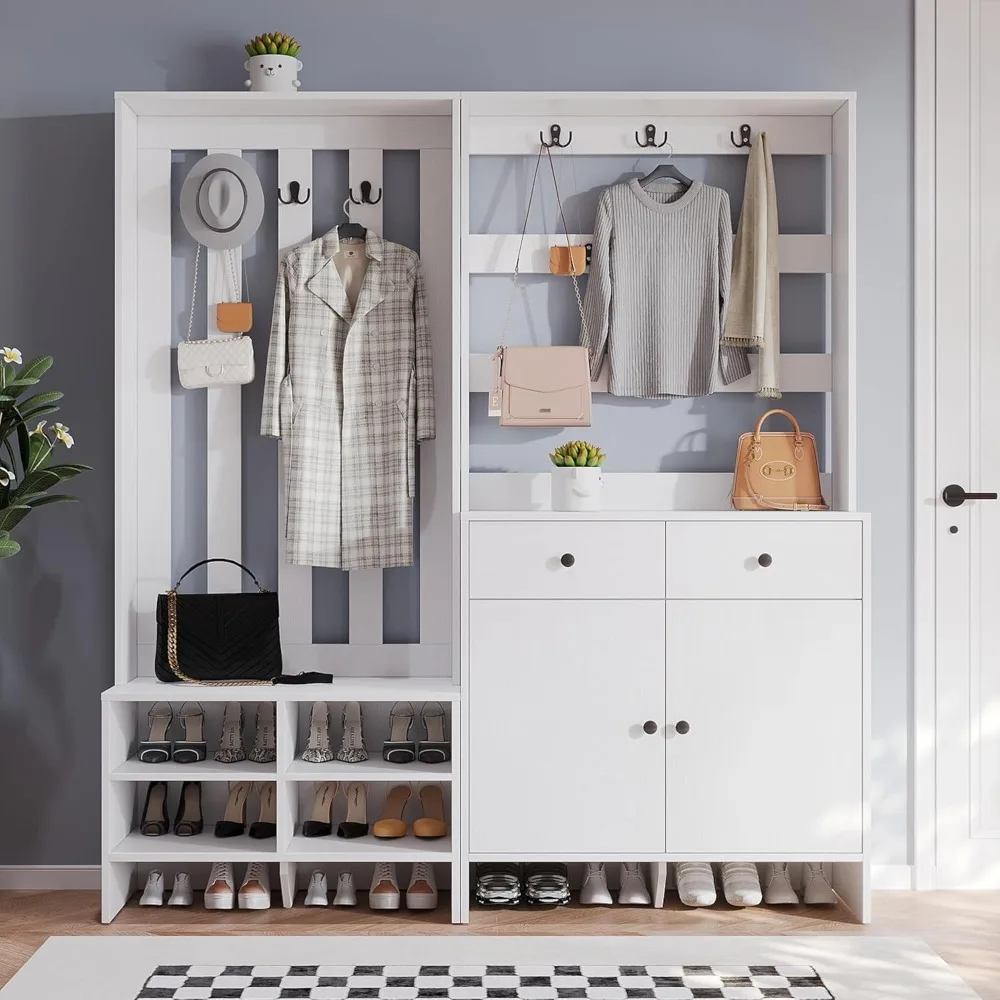 

Дерево для прихожей с скамейкой и вешалкой для одежды, скамейка в прихожей 5-в-1 с 8 кубиками для обуви, 8 крючками для одежды, закрытыми двухуровневыми шкафами для хранения и