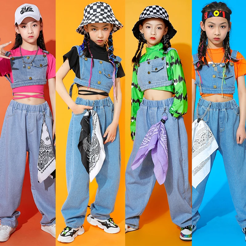 Outfit Modern Street Dance Clothing Kids Rave Clothes Jazz Costume Girls Hip Hop Clothes Denim Long Sleeves Performance