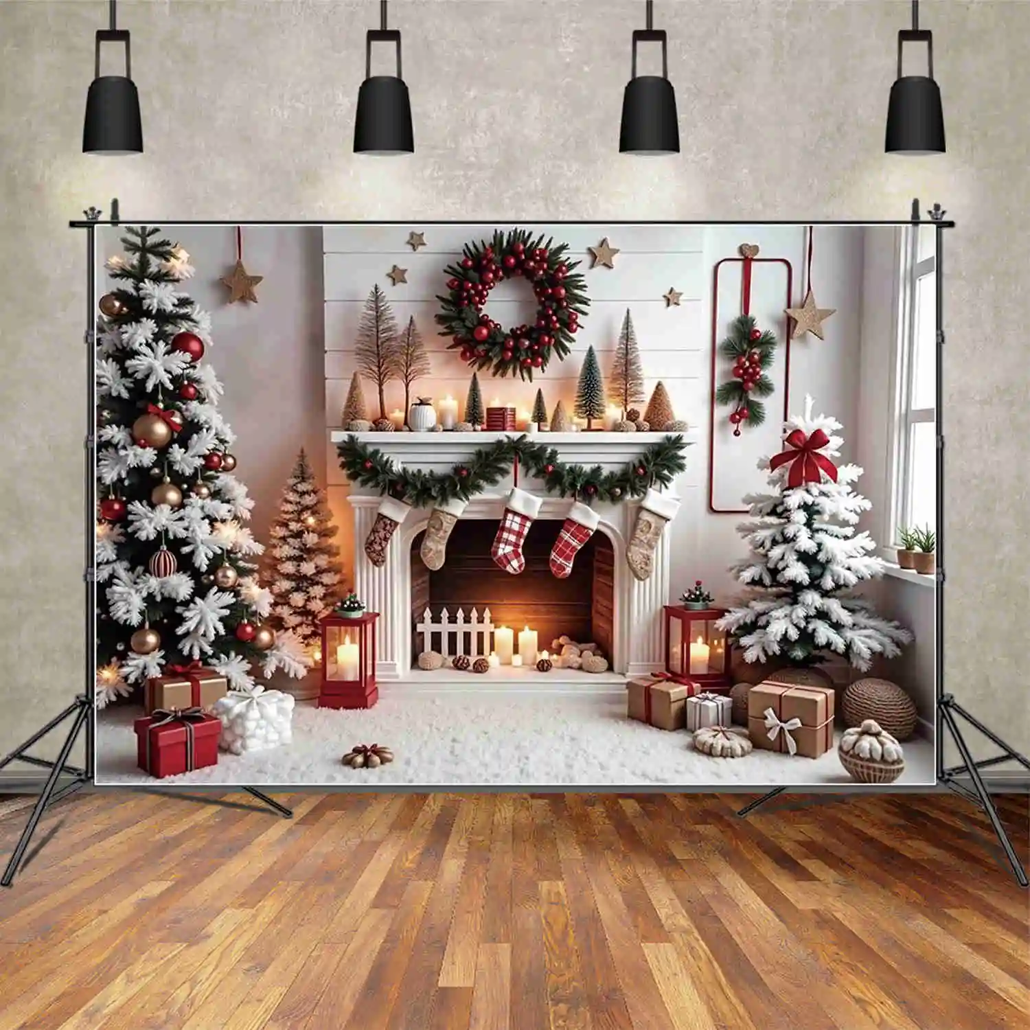 MOON.QG Christmas Scenery Backdrop Photography Window New Year Xmas Tree Photozone Background Children Studio Photozone Supplies