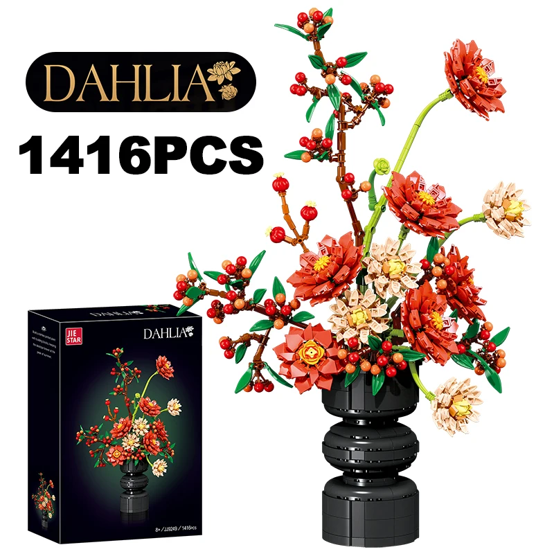 

Creative Dahlia Bouquet Potted Building Blocks Chrysanthemum Flower Home Desk Berries Plant Decoration Assemble Bricks Toys Gift