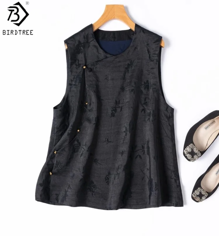 

Birdtree 19MM 100% Mulberry Silk Black Waistcoat,Women's Jacquard Craquelure Xiangyun Gauze O-neck Sleeveless Coat T58323JF