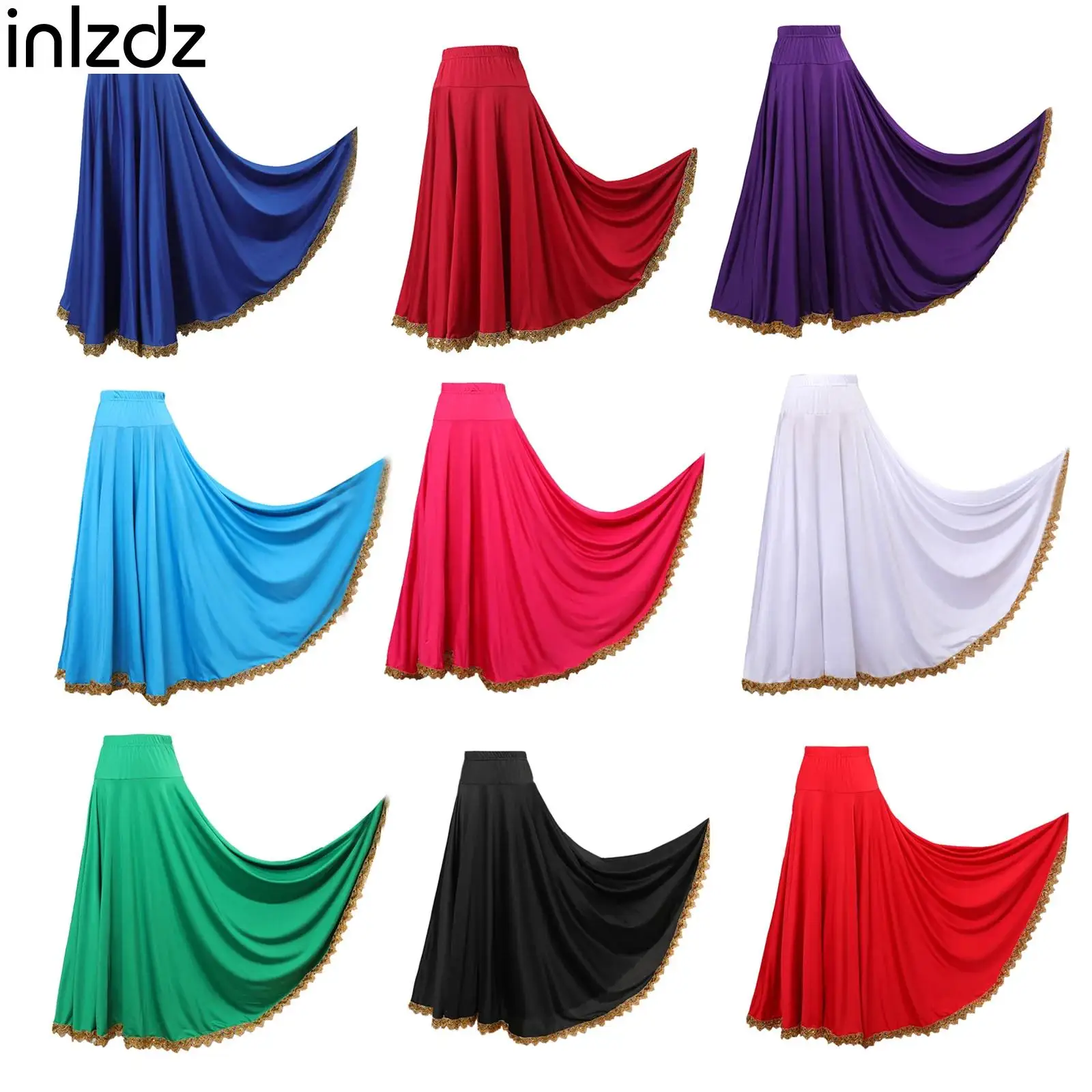 Ballroom Flamenco Dancing Skirts Stage Performance Costumes Elastic Waistband Gold Trim Big Swing Dance Long Skirt for Womens
