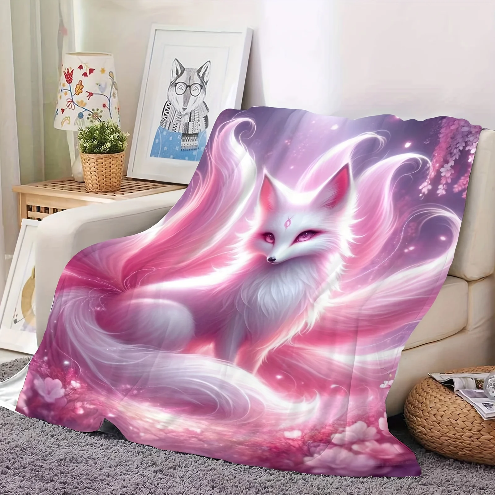 

Tailed Fox Series Flannel Blanket Contemporary Mystical Fox & Cherry Blossom Design, Soft Machine Washable