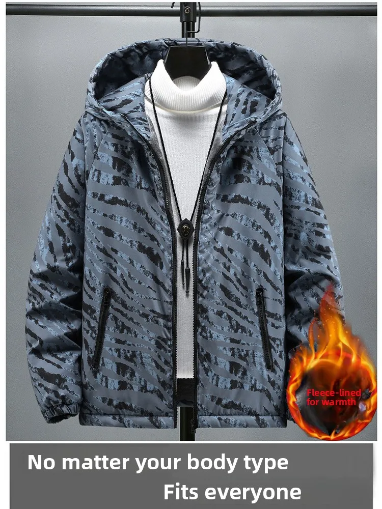 

Мужская модная утепленная хлопковая куртка с флисовой подкладкой, с принтом зебры, повседневное пальто оверсайз, теплое, в городском стиле, с длинными рукавами