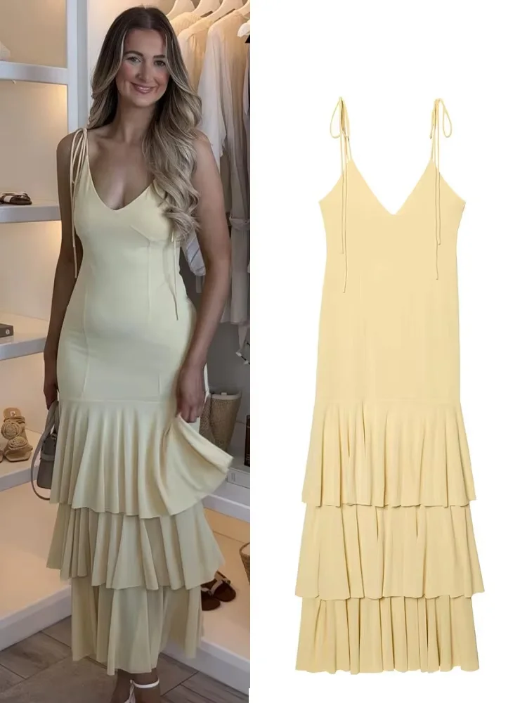 

HH Woman Chic Laminated Decoration Solid Yellow Dress Fashion Summer Women V-Neck Sleeveless Backless Midi Sling Dress