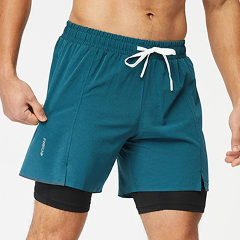 Calção de suor de praia masculino com bolso, moletom respirável, corrida, treino, curto, maratona, atlético, 2 em 1