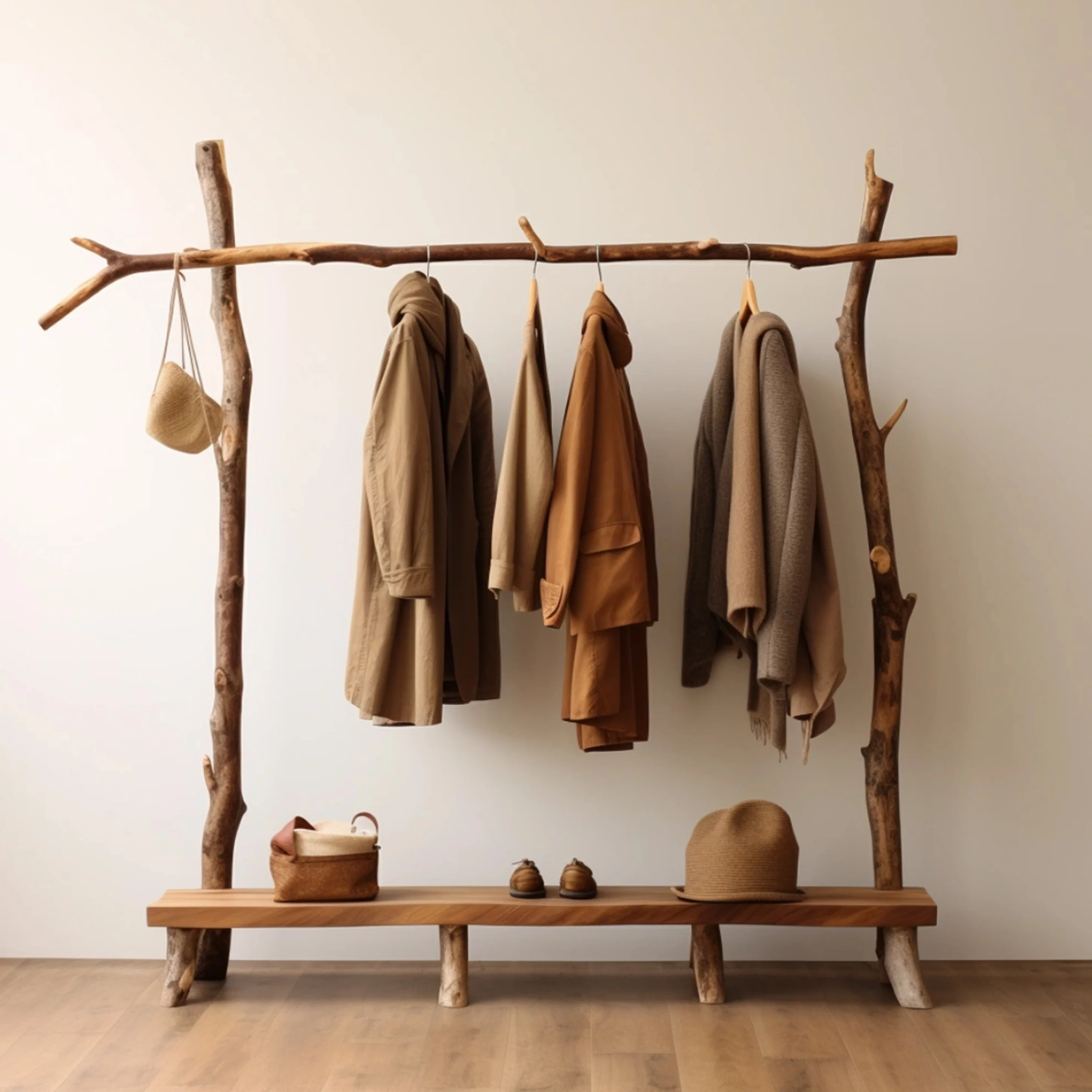 Wabi Sansan natural solid wood floor-to-ceiling branch hanger log design can be customized clothing display rack