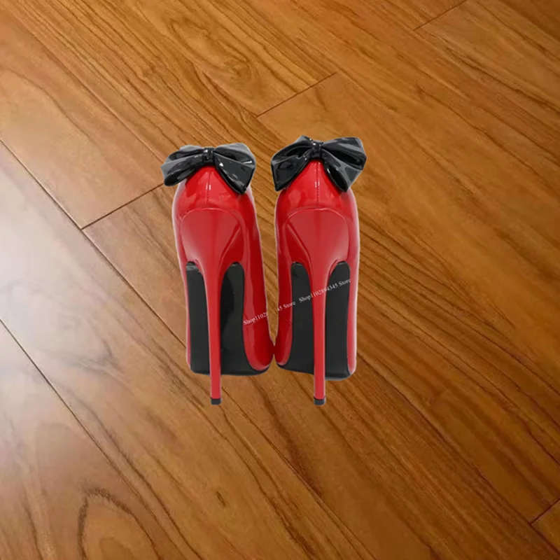 Laço vermelho nó deslizamento em bombas de couro patente fino salto alto moda sexy rasa verão tamanho grande mulher sapatos zapatillas mujer