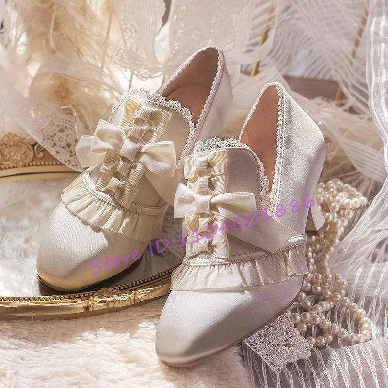 

White Lace Bow Satin High Heels Women Wedding Bridal Shoes Sweet Lolita Girl Mary Jane Shoes Pointed Toe Kitten Heel Pumps