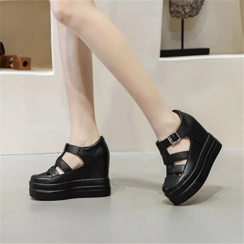 11cm Height-increasing Casual Women's Shoes Genuine Leather Toe-cap Outer Sandals Roman Style Hollow Thick-soled Women's Shoes