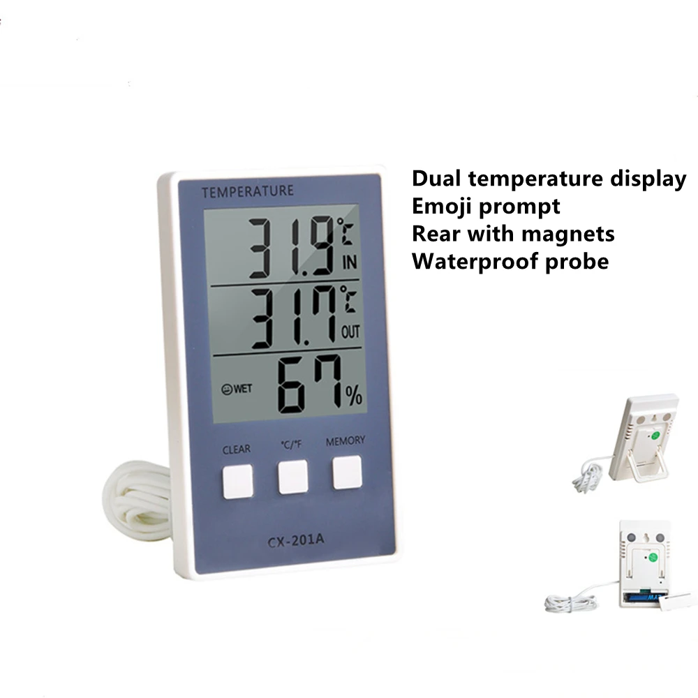 CX-201A Digital Thermometer Hygrometer Indoor Outdoor Temperature Humidity Meter C/F LCD Display Sensor Probe Weather Station