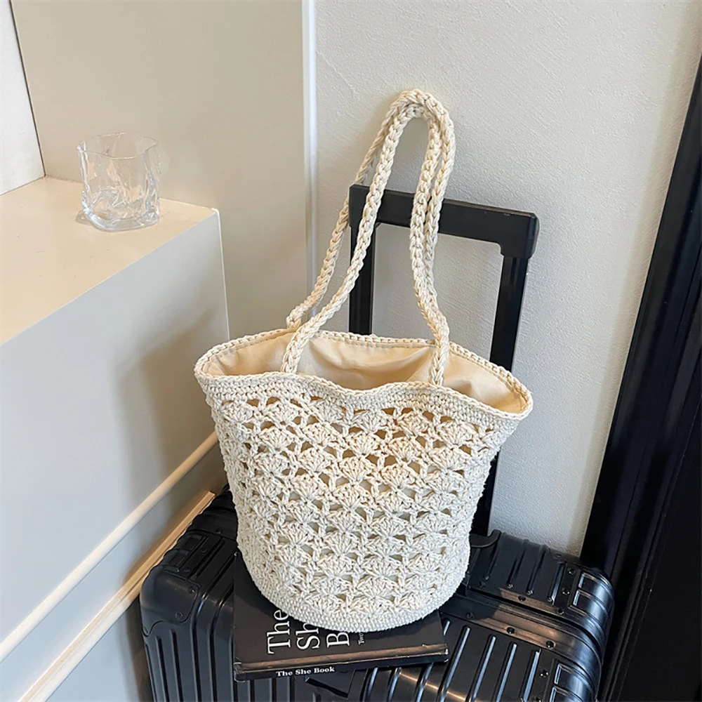 

Spring Summer Woven Bucket Bag for Ladies Simple Solid Color Drawstring Shoulder Bags Holiday Beach Party All-Match Handbags