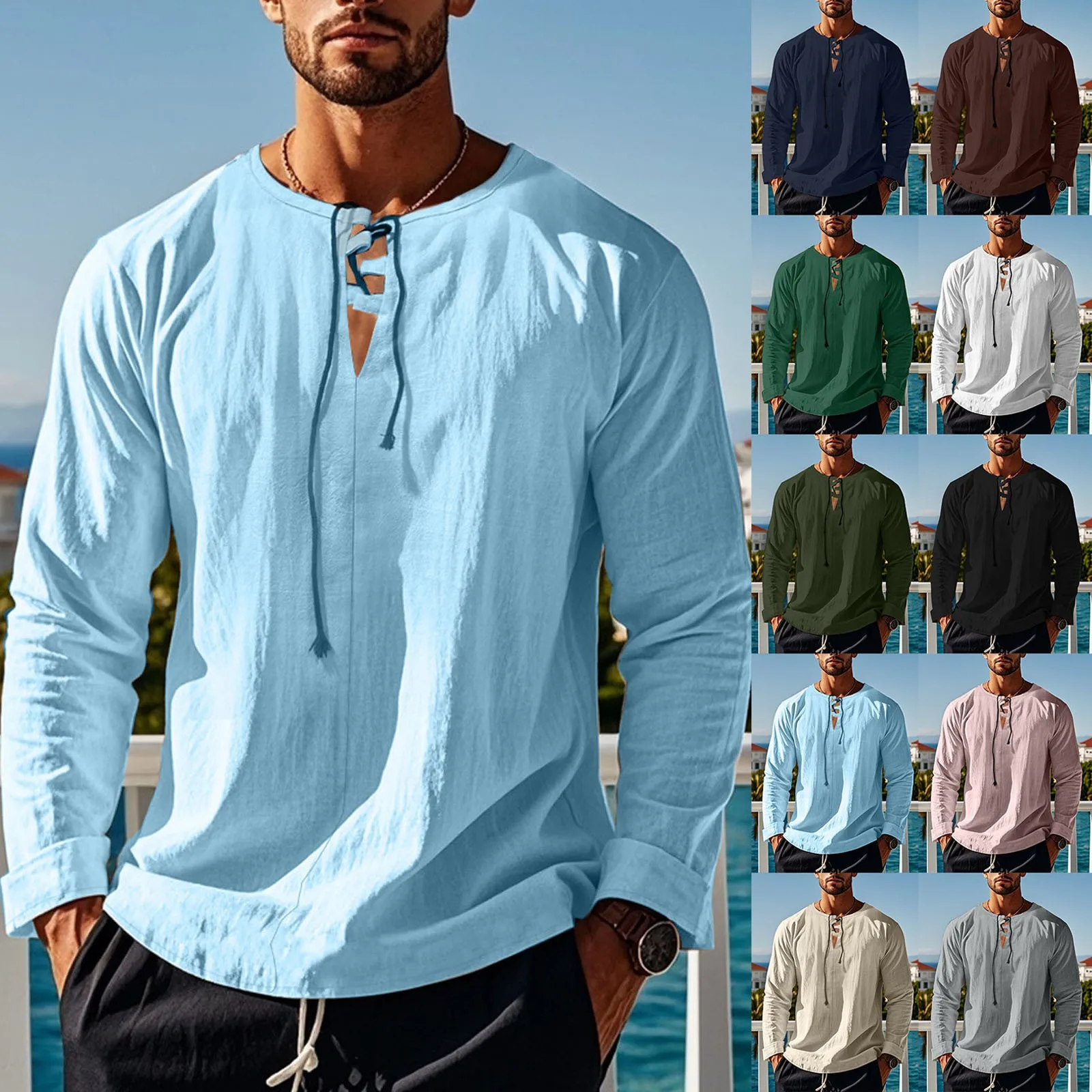 

Mens Long Sleeve Pirate Henley Collar Shirt Drawstring Cotton Linen Lace Up V Neck Shirts Hippie Beach camisas de hombre